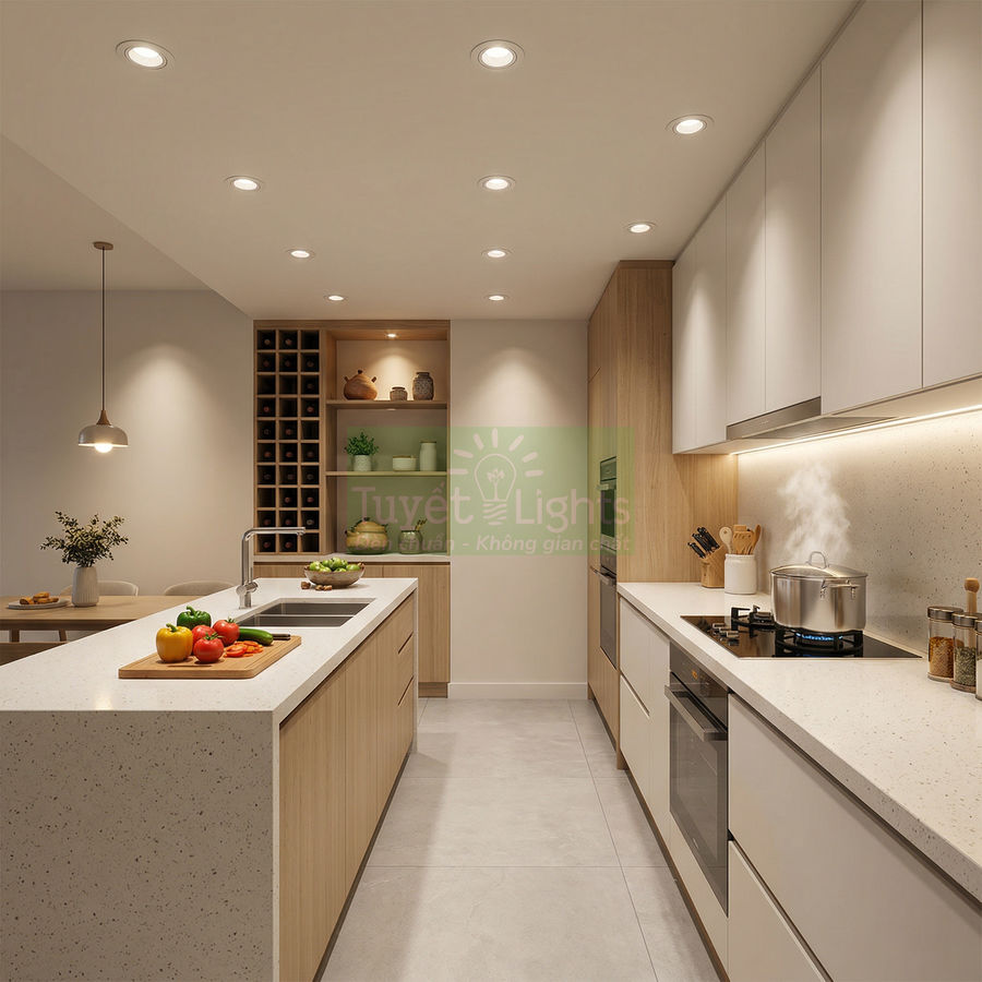 Đèn downlight âm trần chiếu sáng phòng bếp hiện đại với đảo bếp và tủ gỗ sáng màu