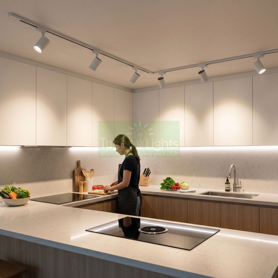 Đèn rọi ray LED chiếu sáng bàn bếp hiện đại nơi người phụ nữ đang chuẩn bị rau củ