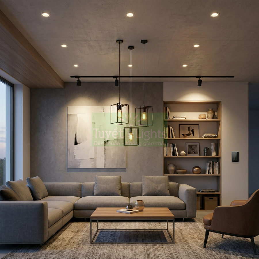 Đèn thả trần khung sắt trang trí phòng khách hiện đại với sofa xám và kệ gỗ