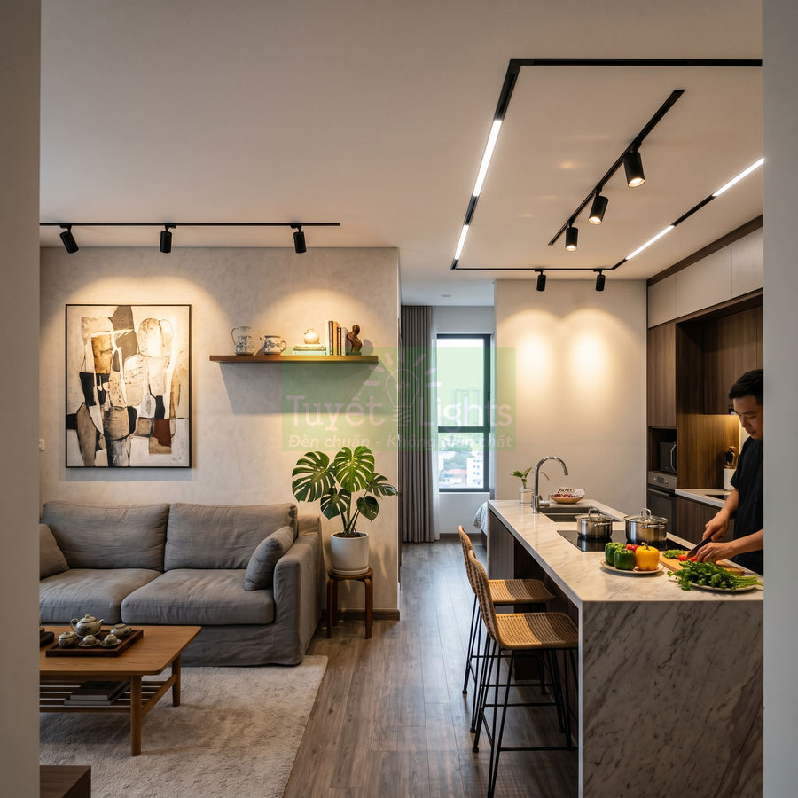 Đèn rọi ray trần chiếu sáng phòng khách liền bếp hiện đại với sofa xám và đảo bếp đá marble