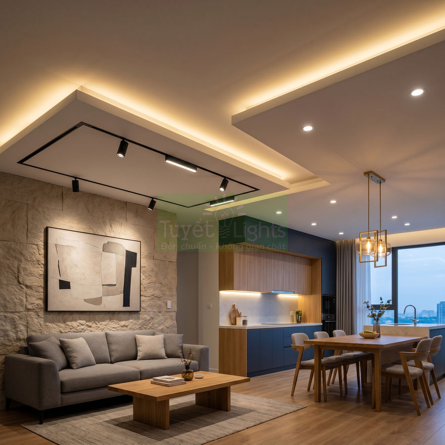 Đèn trần âm trần và đèn thả trang trí phòng khách liền bếp hiện đại với nội thất gỗ ấm cúng