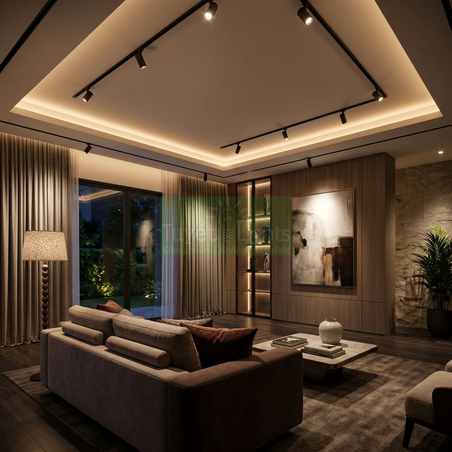 Đèn rọi ray trần chiếu sáng phòng khách hiện đại với sofa nỉ và bàn trà gỗ