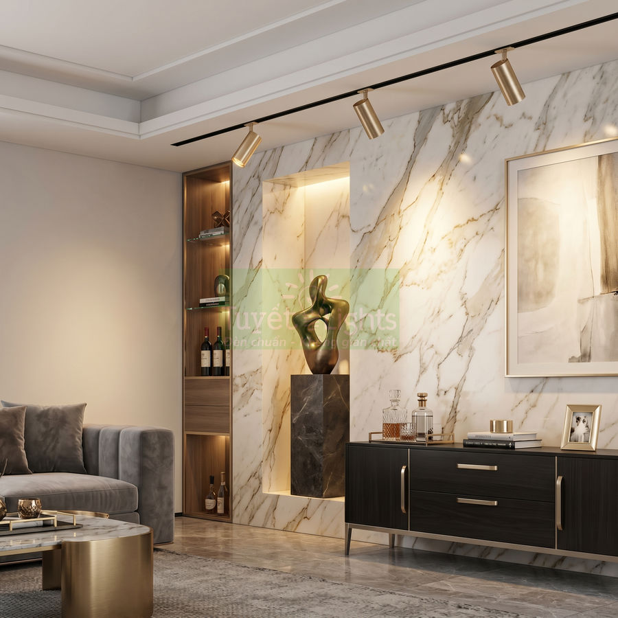 Phòng khách hiện đại với tường ốp đá marble, kệ trưng bày rượu và tượng trang trí nghệ thuật cao cấp