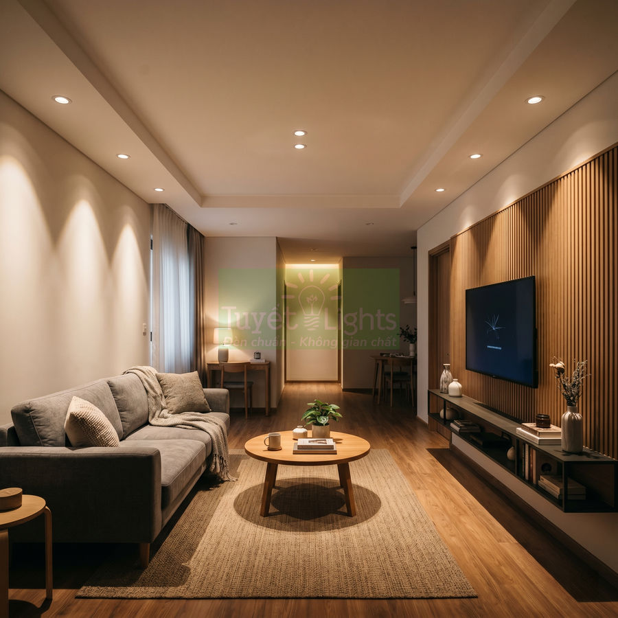 Đèn downlight âm trần Tuyết Lights chiếu sáng phòng khách hiện đại với sofa xám và nội thất gỗ ấm cúng