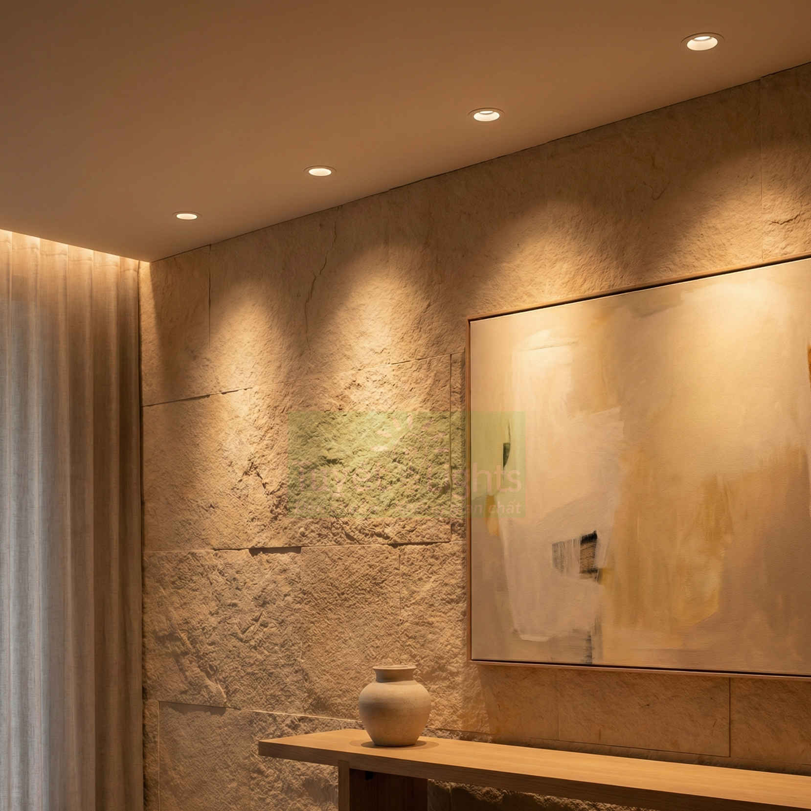 Đèn downlight âm trần chiếu sáng tường đá, tranh treo và kệ gỗ trang trí trong phòng khách hiện đại