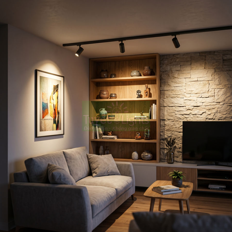 Đèn rọi ray chiếu sáng phòng khách hiện đại với sofa xám, kệ gỗ trang trí và tường ốp đá cạnh tivi