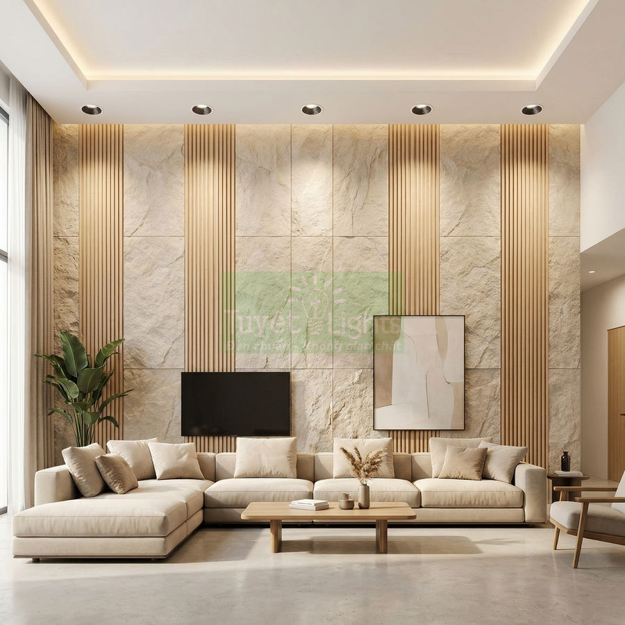 Phòng khách hiện đại với bộ sofa chữ L màu kem và bàn trà gỗ tối giản trước tường ốp đá sang trọng