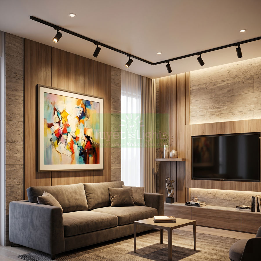 Đèn rọi ray trần chiếu sáng phòng khách hiện đại với sofa xám và tranh treo tường trừu tượng