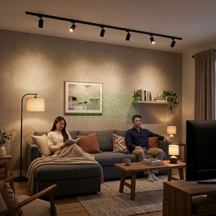 Đèn rọi ray trần chiếu sáng phòng khách hiện đại với sofa xám và bàn gỗ ấm cúng