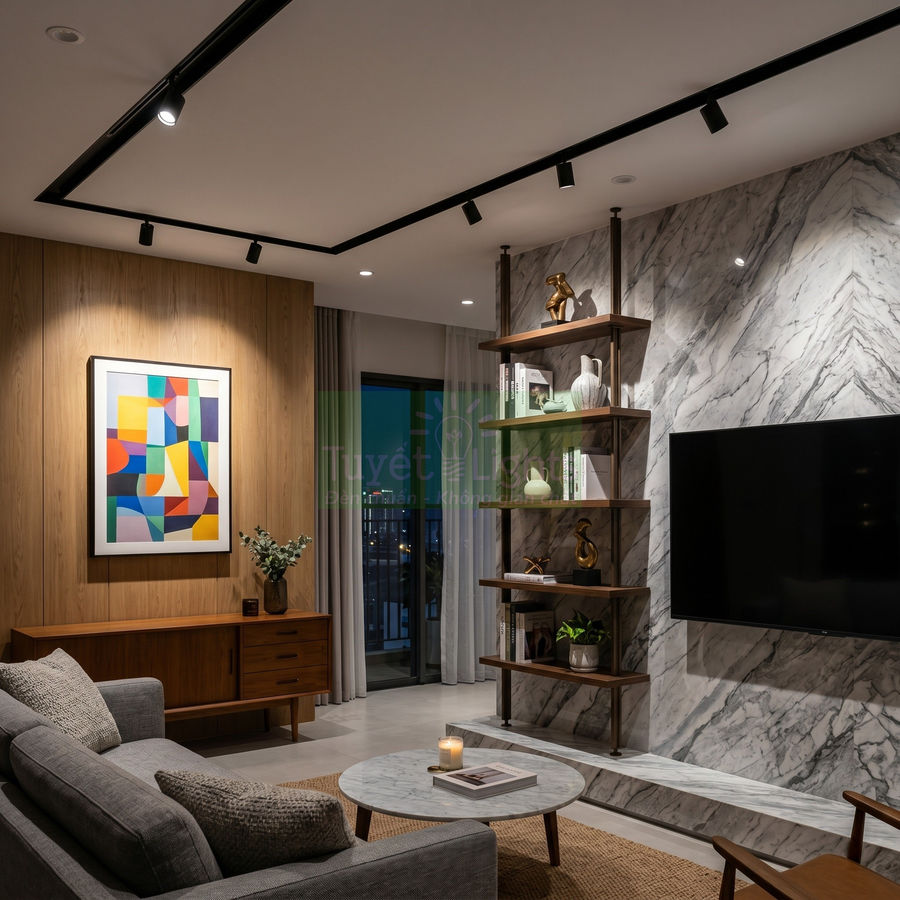 Đèn rọi ray đen chiếu sáng phòng khách hiện đại với tường ốp đá, kệ gỗ và sofa xám