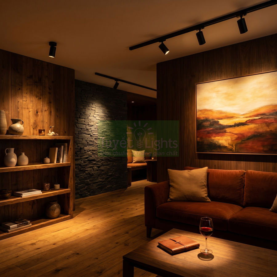 Đèn rọi ray LED chiếu sáng phòng khách gỗ ấm cúng với tranh treo tường và sofa nâu