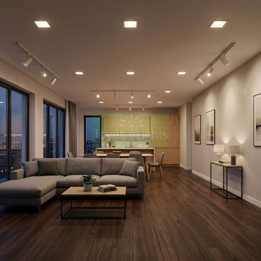 Đèn LED âm trần và đèn rọi ray chiếu sáng phòng khách hiện đại với sofa xám và sàn gỗ