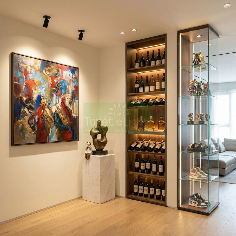 Tủ trưng bày rượu vang và kệ kính trang trí trong phòng khách hiện đại với tranh treo tường nghệ thuật