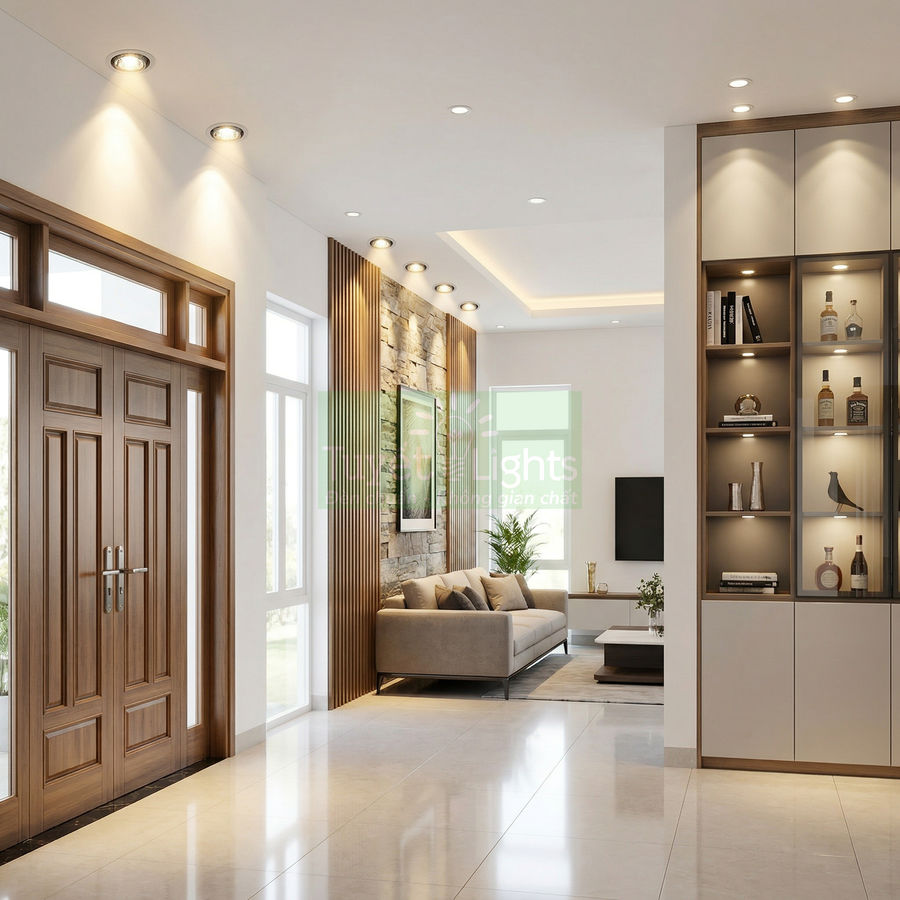 Đèn downlight âm trần chiếu sáng phòng khách hiện đại với sofa và kệ trưng bày sang trọng