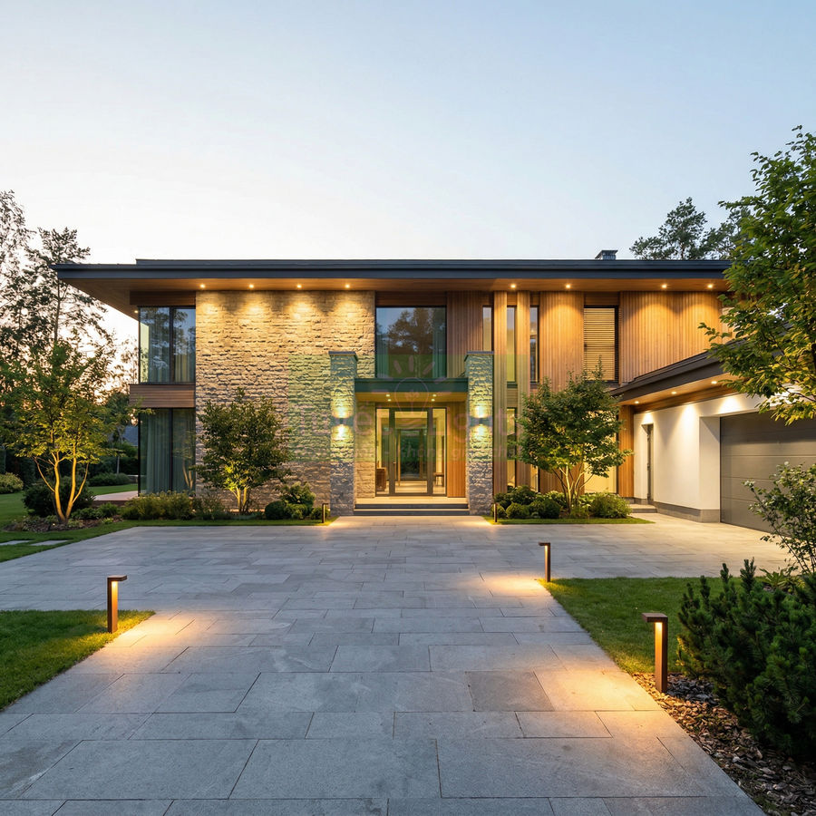 Biệt thự hiện đại mặt tiền ốp đá và gỗ với sân lát đá rộng và đèn sân vườn chiếu sáng lối vào
