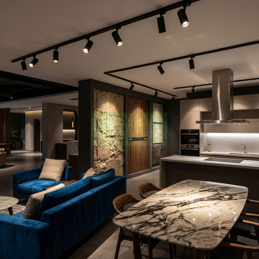 Phòng bếp hiện đại với bàn ăn mặt đá cẩm thạch, ghế gỗ và sofa nhung xanh dưới hệ đèn rọi trần