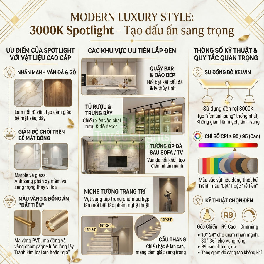 Infographic giới thiệu đèn spotlight 3000K phong cách modern luxury cho quầy bar, tủ rượu, tường ốp đá và cầu thang