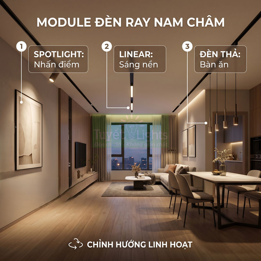 Đèn ray nam châm cho phòng khách và bàn ăn với spotlight, đèn linear và đèn thả chỉnh hướng linh hoạt