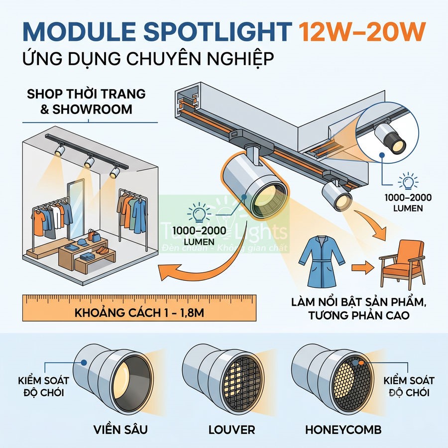 Đèn module spotlight 12W 20W chiếu rọi sản phẩm cho shop thời trang và showroom, tùy chọn viền sâu louver honeycomb
