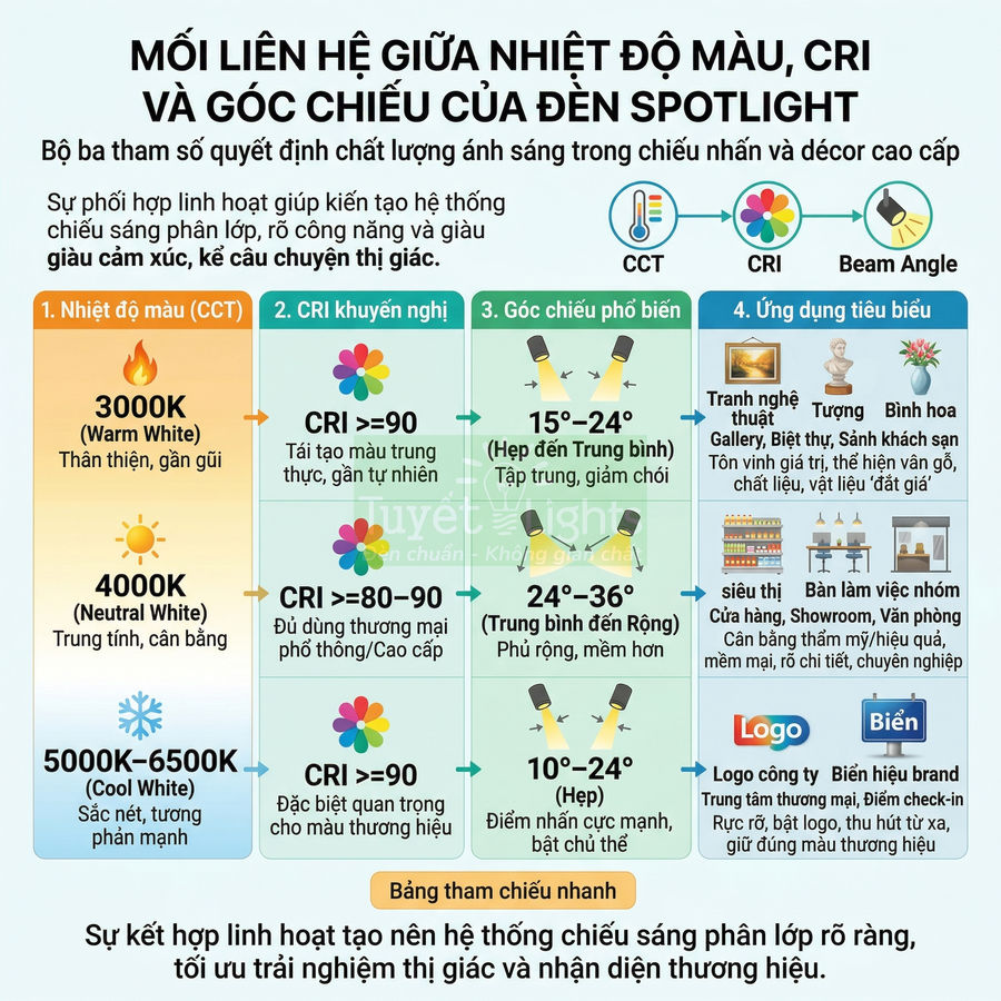 Bảng hướng dẫn chọn nhiệt độ màu, chỉ số CRI và góc chiếu cho đèn spotlight trong chiếu sáng và trang trí nội thất