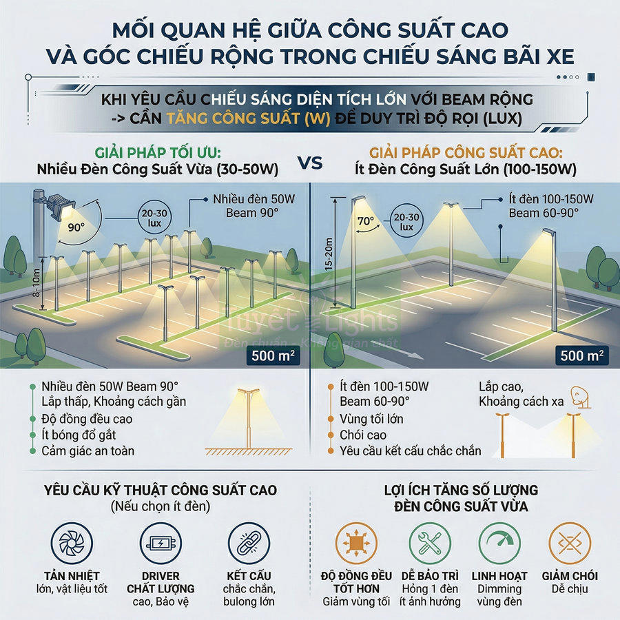 So sánh giải pháp đèn LED chiếu sáng bãi xe công suất vừa và công suất cao trên diện tích 500m2
