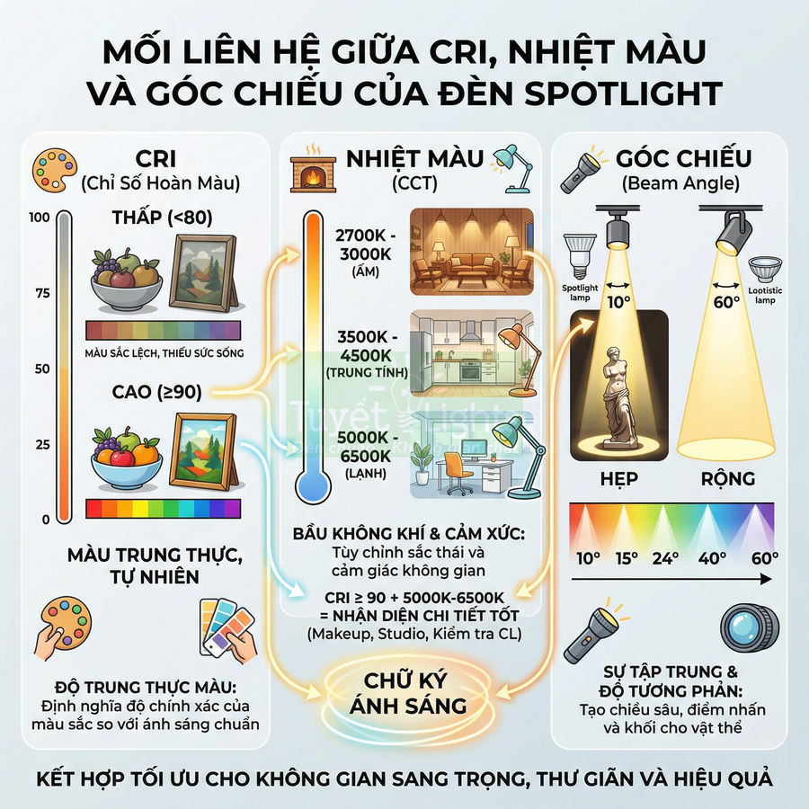 Infographic về mối liên hệ giữa CRI, nhiệt màu và góc chiếu của đèn spotlight trong chiếu sáng nội thất