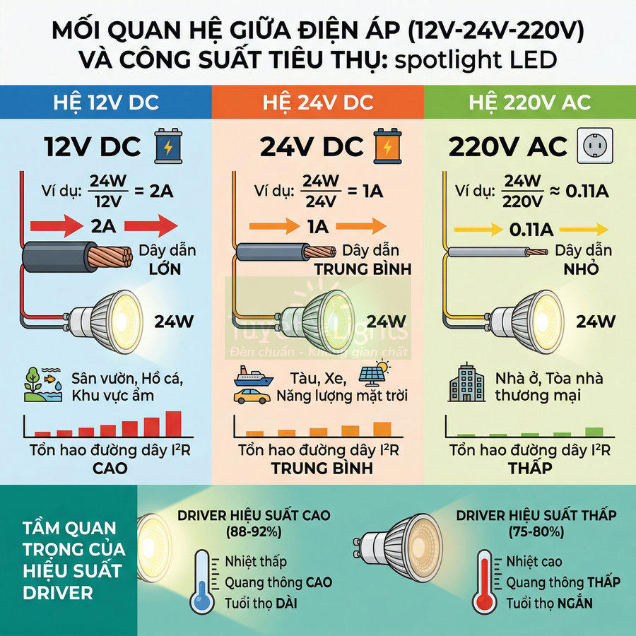 So sánh spotlight LED 24W dùng điện áp 12V, 24V DC và 220V AC cùng ảnh hưởng đến dây dẫn và hiệu suất driver