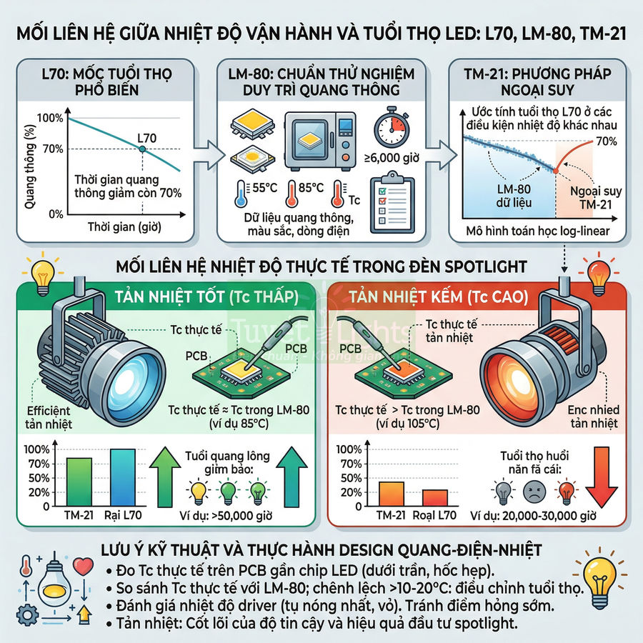 Infographic về mối liên hệ nhiệt độ vận hành và tuổi thọ đèn LED spotlight, so sánh tản nhiệt tốt và kém