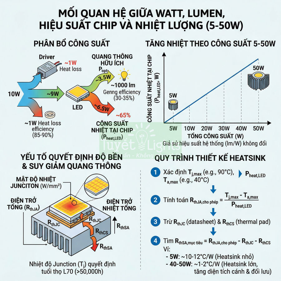 Sơ đồ phân tích công suất, hiệu suất chip LED và thiết kế tản nhiệt heatsink cho đèn LED công suất 5 đến 50W