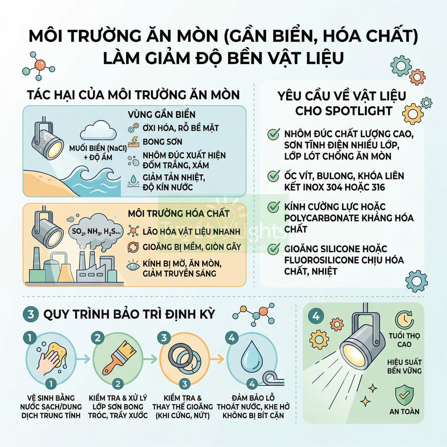 Infographic hướng dẫn chọn vật liệu và bảo trì đèn spotlight ngoài trời trong môi trường ăn mòn gần biển, hóa chất