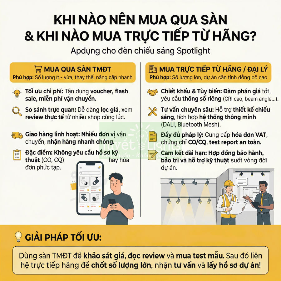 Infographic so sánh mua đèn chiếu sáng Spotlight qua sàn thương mại điện tử và mua trực tiếp từ hãng
