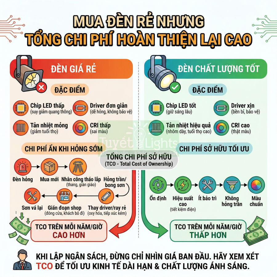 So sánh đèn LED giá rẻ và đèn LED chất lượng tốt, nhấn mạnh tổng chi phí sở hữu và lợi ích lâu dài