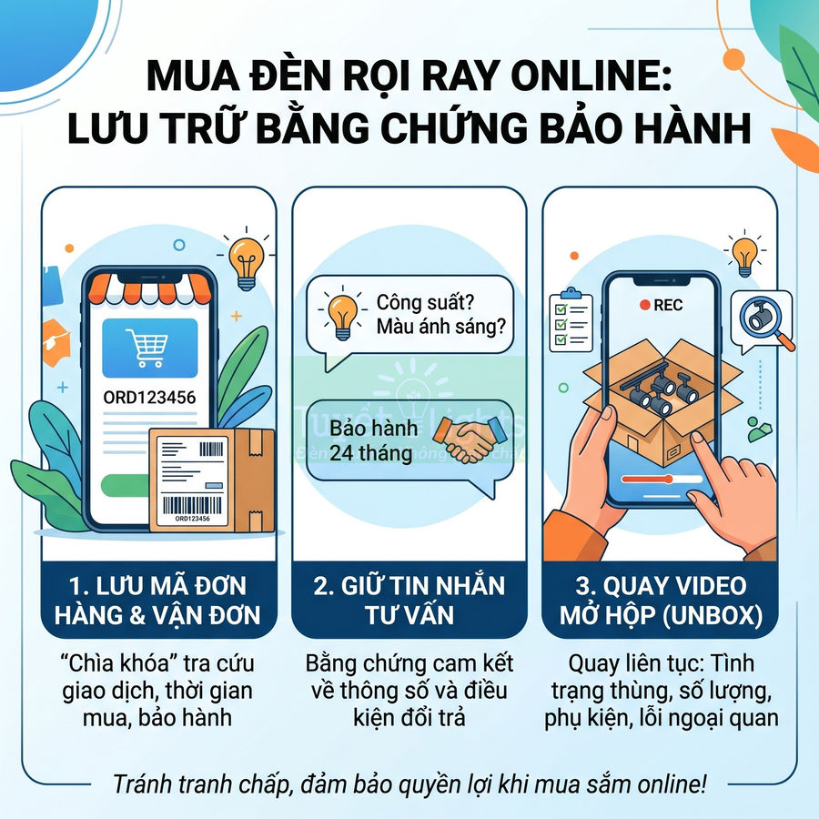 Hướng dẫn mua đèn rọi ray online và lưu trữ bằng chứng bảo hành bằng mã đơn, tin nhắn tư vấn và video mở hộp