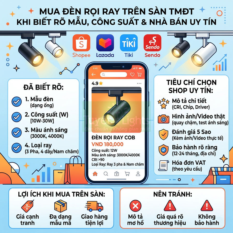 Hướng dẫn mua đèn rọi ray COB trên Shopee Lazada Tiki Sendo với tiêu chí chọn shop uy tín và lợi ích mua online