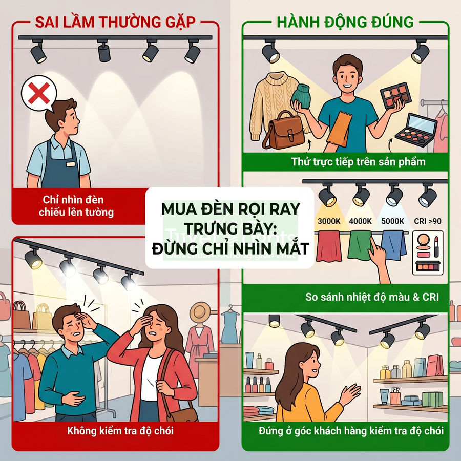 Hướng dẫn chọn đèn rọi ray trưng bày với các bước thử ánh sáng trực tiếp trên sản phẩm và so sánh nhiệt độ màu