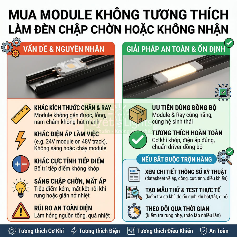 Infographic hướng dẫn chọn module đèn ray LED tương thích để tránh chập chờn, mất áp và đảm bảo an toàn điện