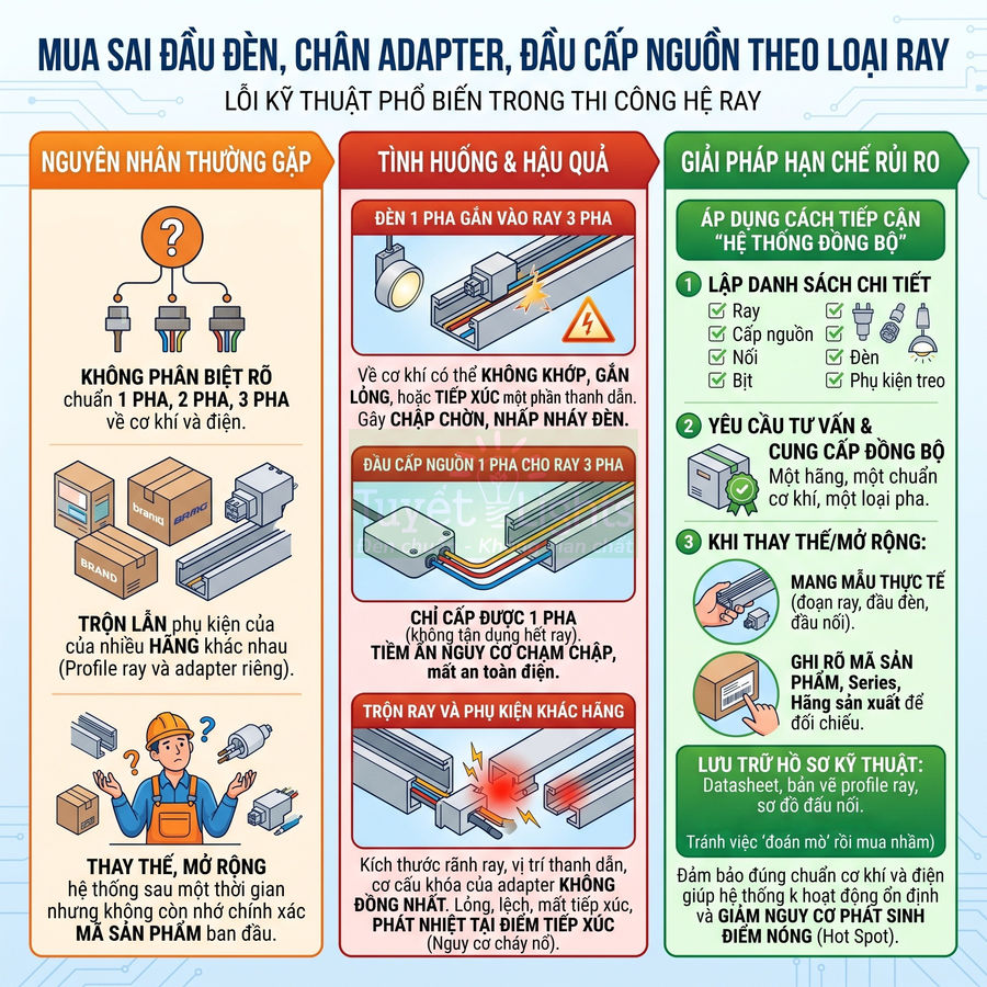 Infographic hướng dẫn chọn đầu đèn, chân adapter, đầu cấp nguồn đúng loại ray để tránh chập cháy hệ thống đèn ray