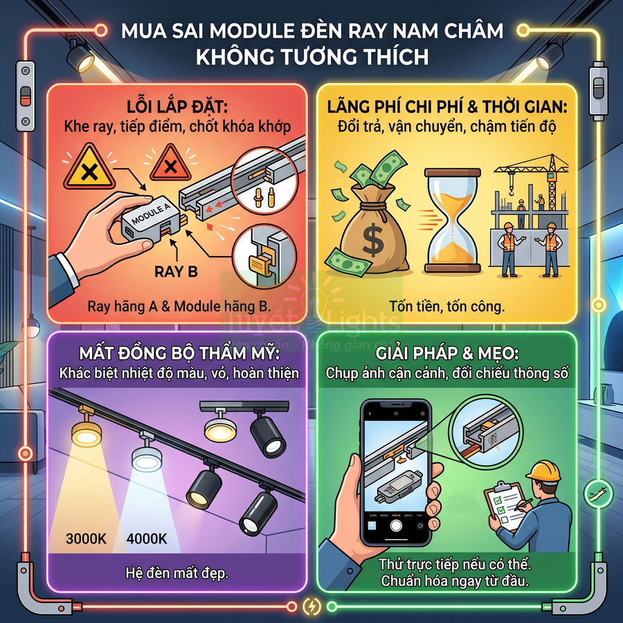 Infographic cảnh báo hậu quả mua sai module đèn ray nam châm và hướng dẫn chọn đúng hệ đèn