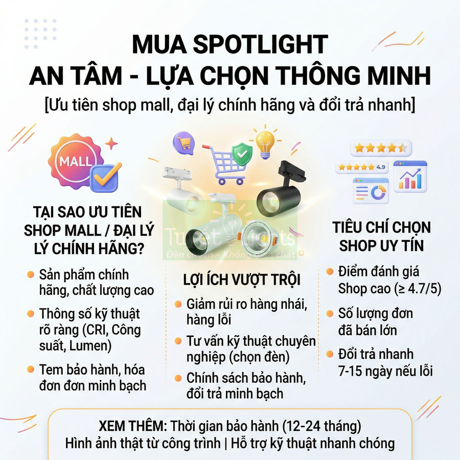 Banner tư vấn mua đèn spotlight chính hãng, hình ảnh các mẫu đèn rọi ray và tiêu chí chọn shop uy tín