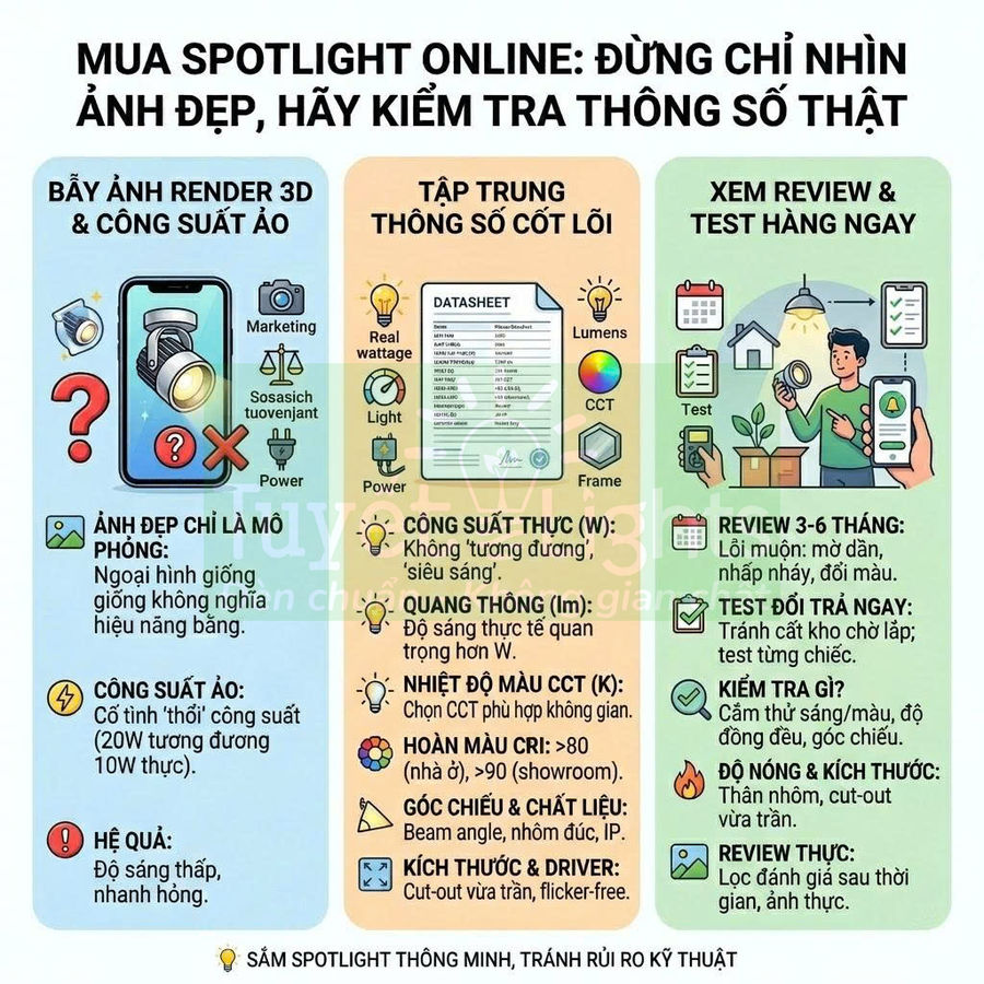 Infographic hướng dẫn mua đèn spotlight online, cảnh báo bẫy ảnh render và cách kiểm tra thông số kỹ thuật thực