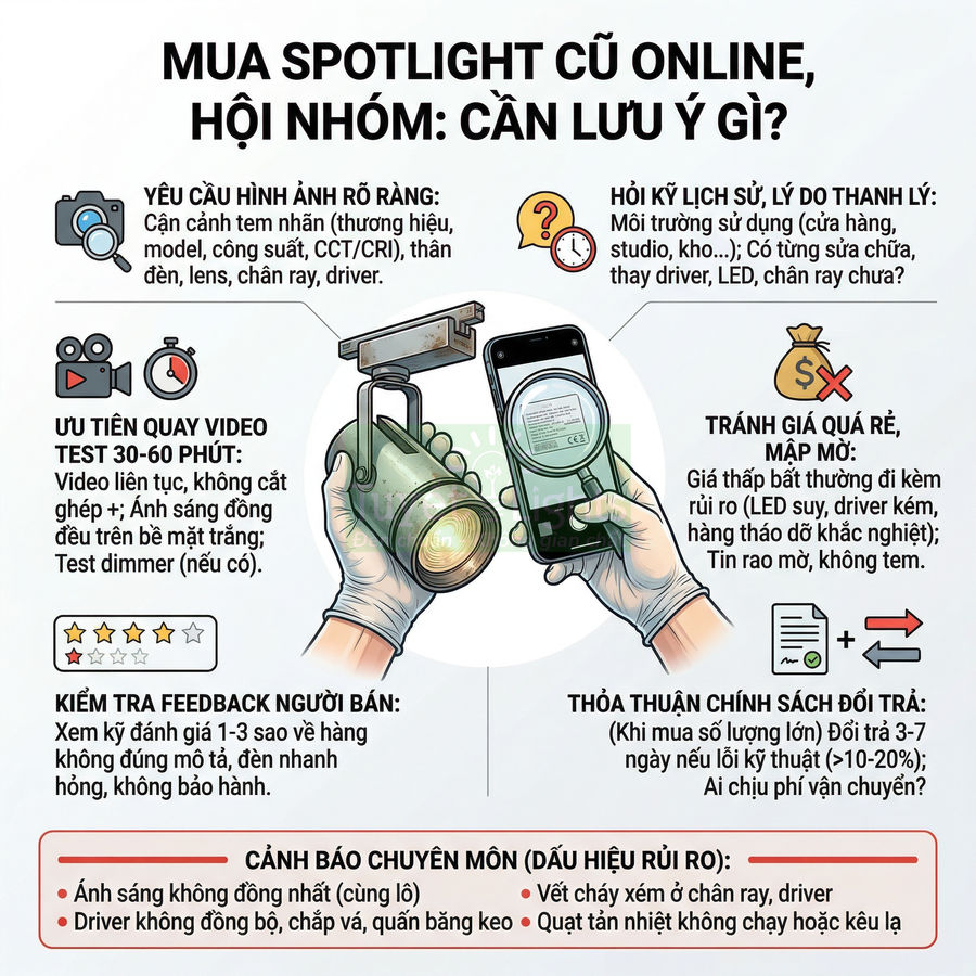 Hướng dẫn mua đèn spotlight cũ online với hình minh họa kiểm tra tem nhãn và test ánh sáng