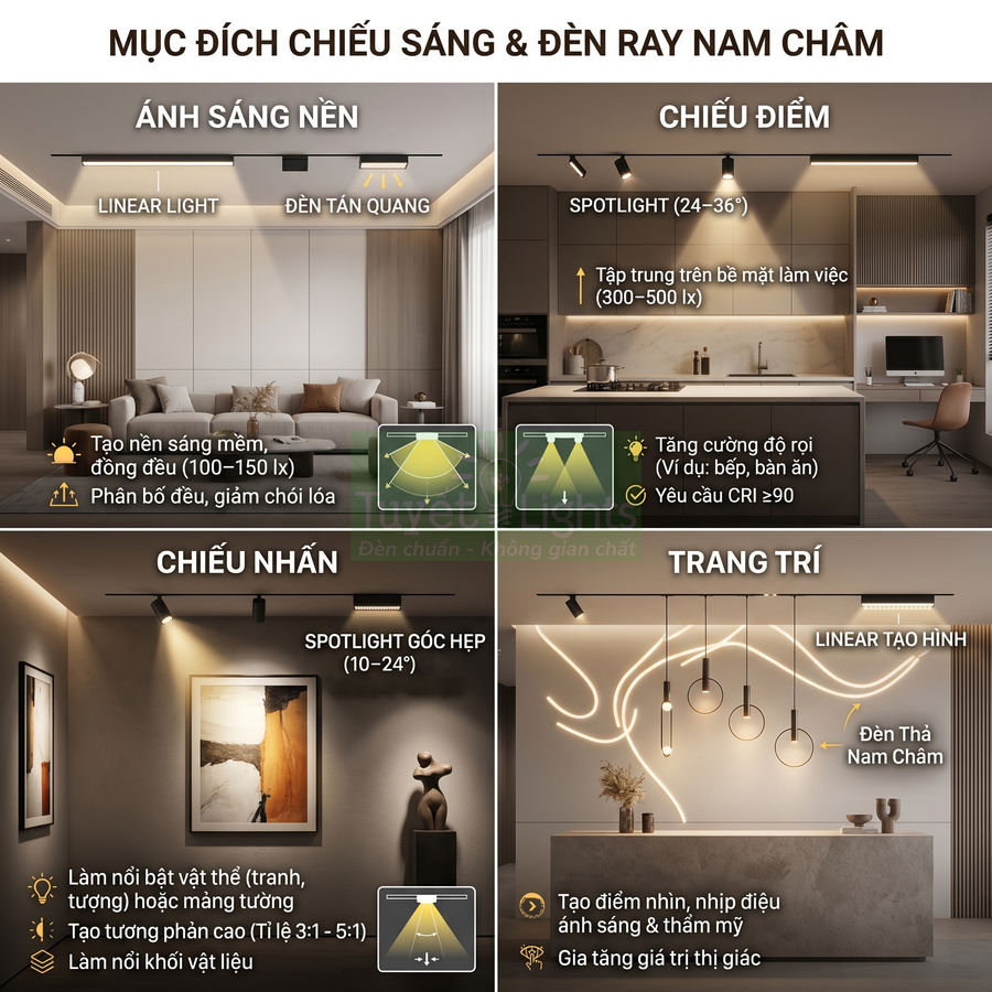 Đèn ray nam châm chiếu sáng phòng khách, bếp và trang trí tường với spotlight và linear light hiện đại