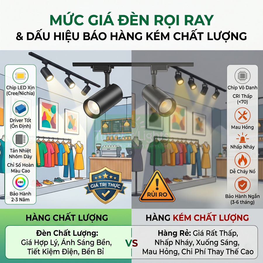 So sánh đèn rọi ray chất lượng cao và đèn rọi ray kém chất lượng trong cửa hàng quần áo