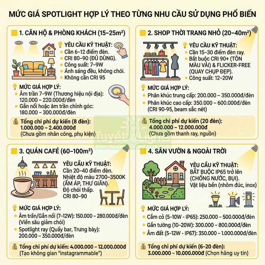 Bảng thông tin mức giá và yêu cầu kỹ thuật đèn spotlight cho căn hộ, shop thời trang, quán cafe, sân vườn