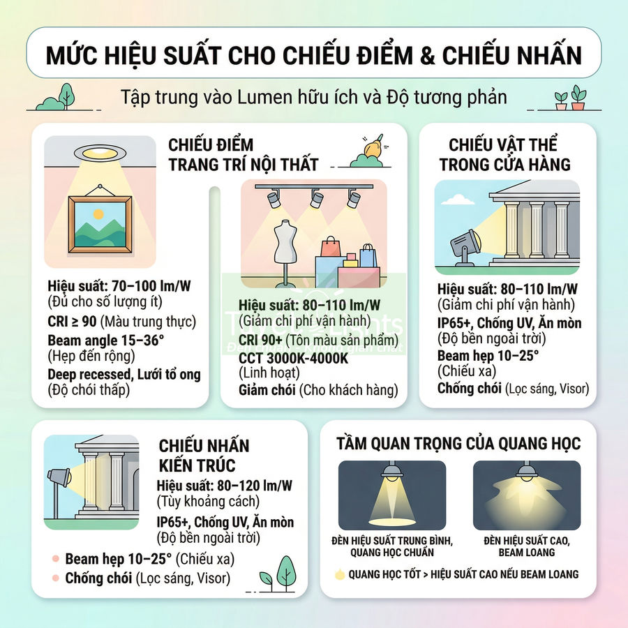 Infographic hướng dẫn chọn đèn chiếu điểm và chiếu nhấn cho nội thất, cửa hàng, kiến trúc với thông số hiệu suất và quang học