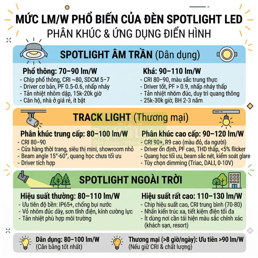 Bảng so sánh mức quang thông lmW và ứng dụng của các loại đèn spotlight LED âm trần, track light và spotlight ngoài trời