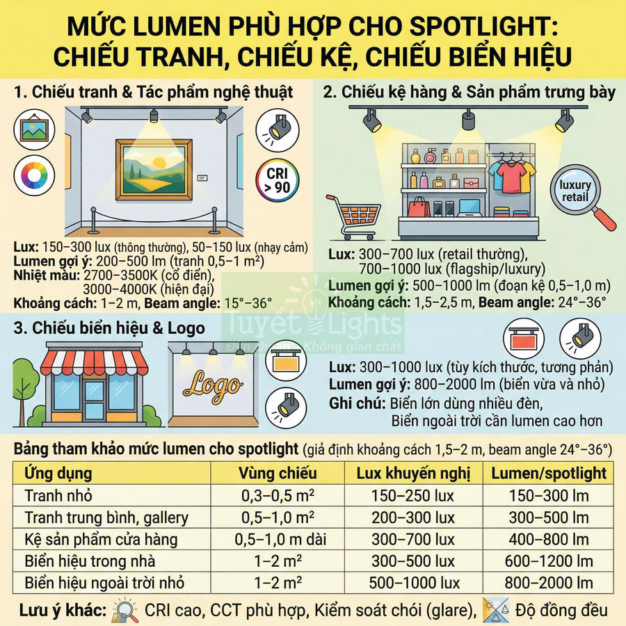 Bảng hướng dẫn mức lumen và lux phù hợp cho đèn spotlight chiếu tranh, kệ hàng, biển hiệu và logo