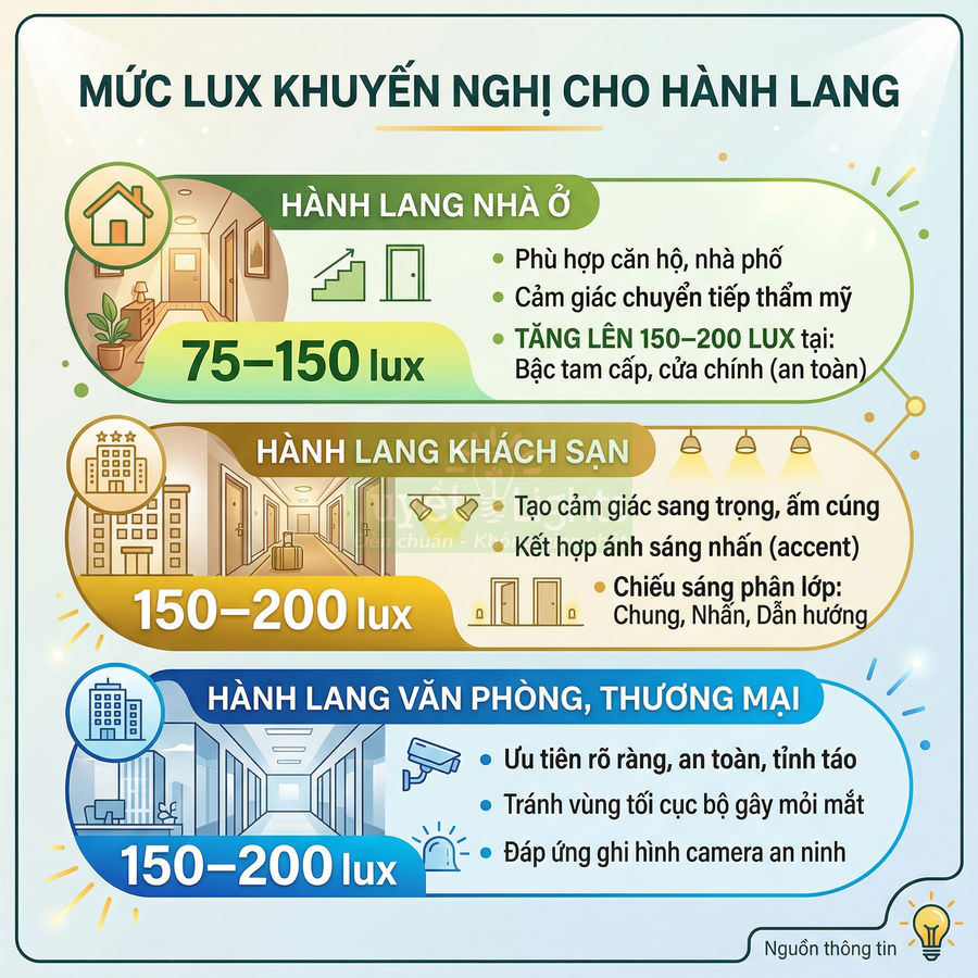 Infographic mức độ chiếu sáng lux khuyến nghị cho hành lang nhà ở, khách sạn, văn phòng và thương mại