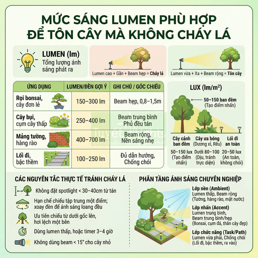 Bảng hướng dẫn mức sáng lumen và lux phù hợp để chiếu sáng cây cảnh ngoài trời không cháy lá