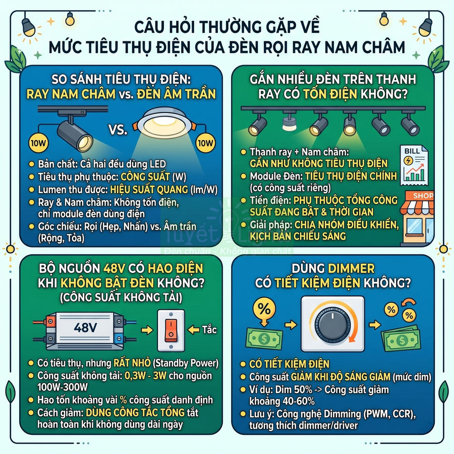 Infographic giải thích mức tiêu thụ điện của đèn rọi ray nam châm LED và so sánh với đèn âm trần